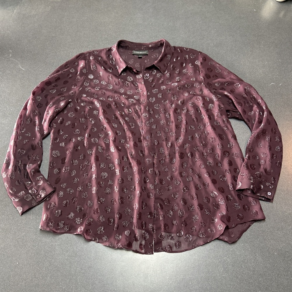 Lane Bryant Womens Blouse 18 20 Purple Sheer Polka Dot Long Sleeve Button Up